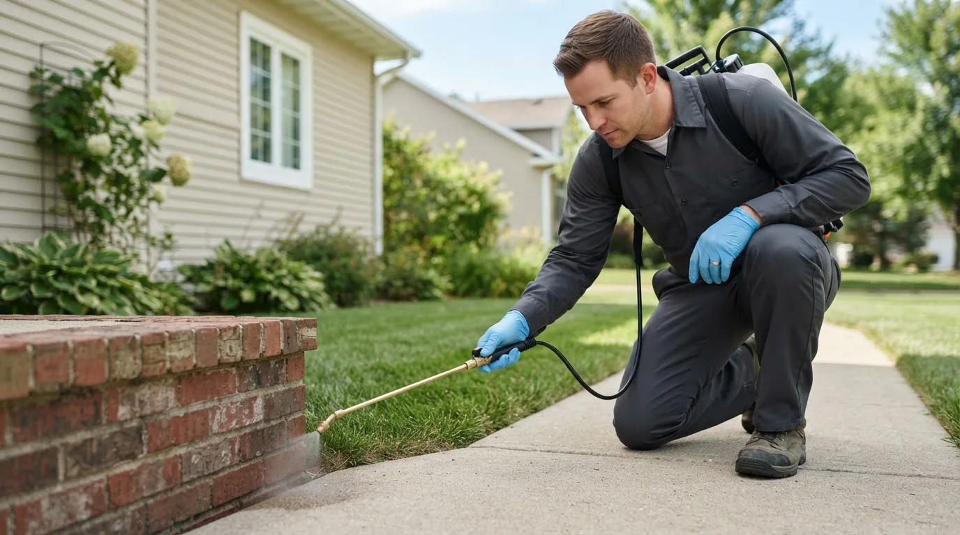 Pest control technician treating a home near New Llano, LA